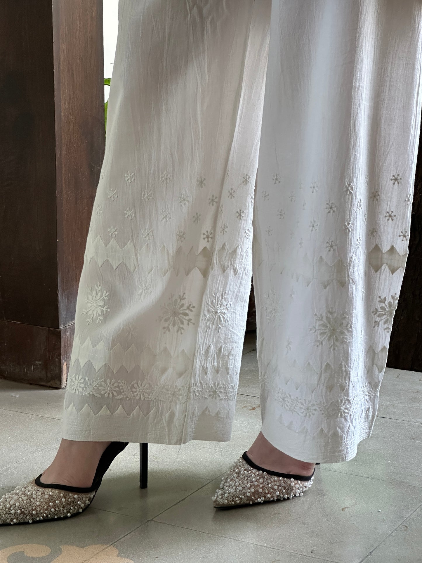 Off White Daraz Cotton Applique Chikankari Palazzo