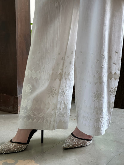 Off White Daraz Cotton Applique Chikankari Palazzo