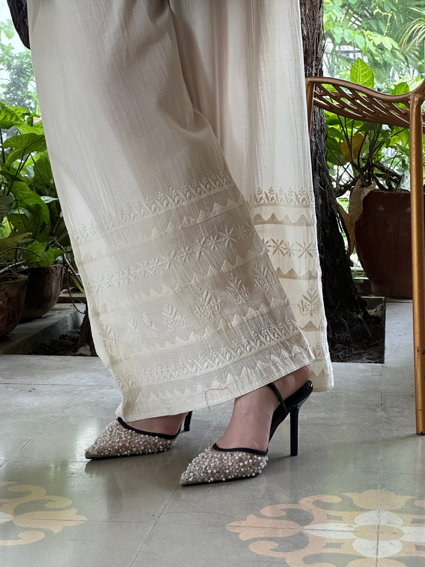 Off White Daraz Cotton Applique Chikankari Palazzo