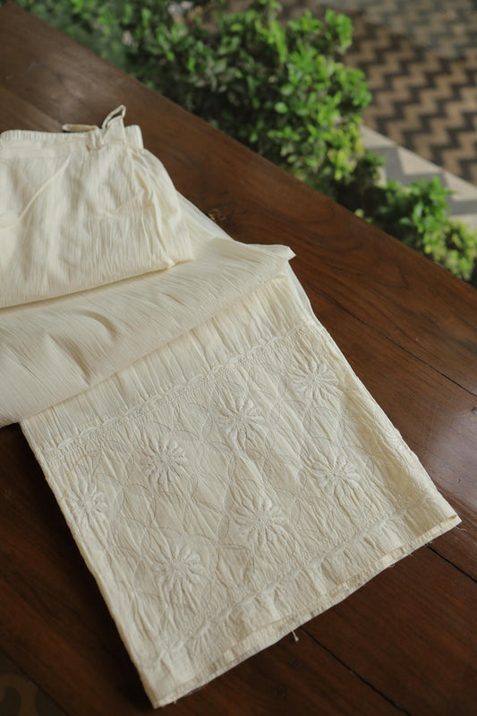 Off White Daraz Cotton Applique Chikankari Palazzo