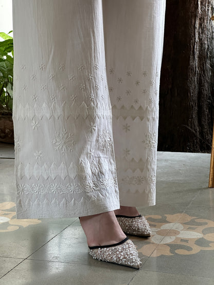 Off White Daraz Cotton Applique Chikankari Palazzo