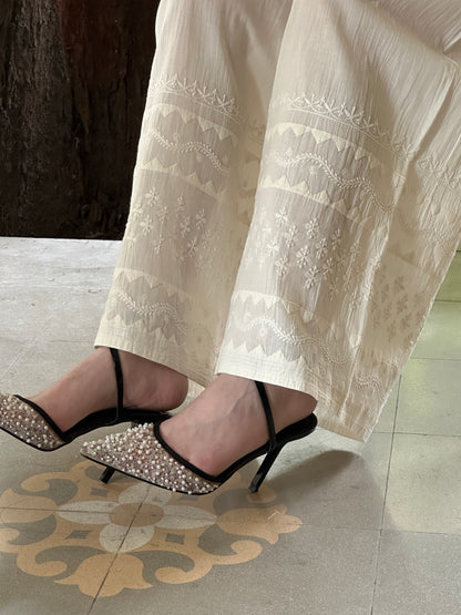 Off White Daraz Cotton Applique Chikankari Palazzo