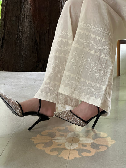 Off White Daraz Cotton Applique Chikankari Palazzo