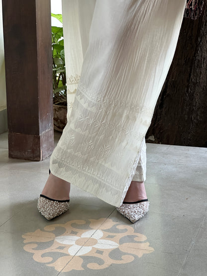 Off White Daraz Cotton Applique Chikankari Palazzo