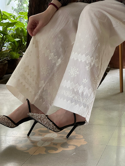 Off White Daraz Cotton Applique Chikankari Palazzo