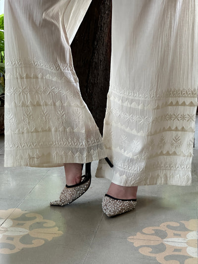 Off White Daraz Cotton Applique Chikankari Palazzo
