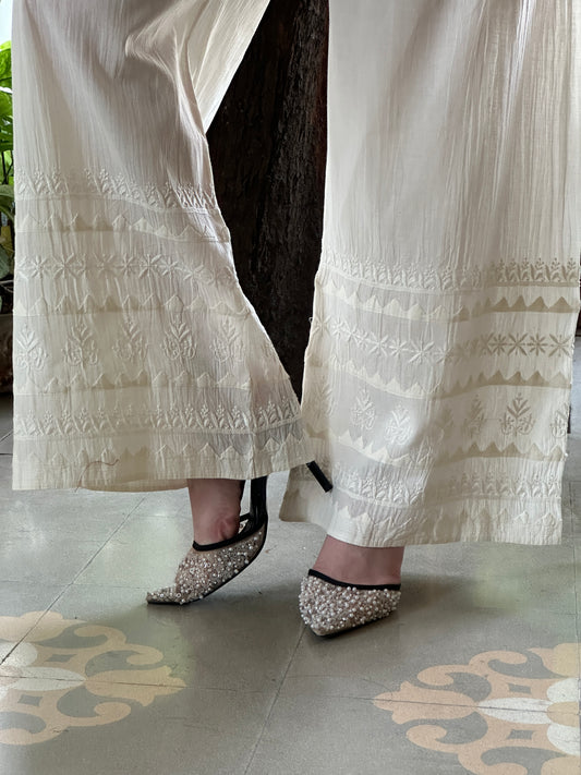 Off White Daraz Cotton Applique Chikankari Palazzo