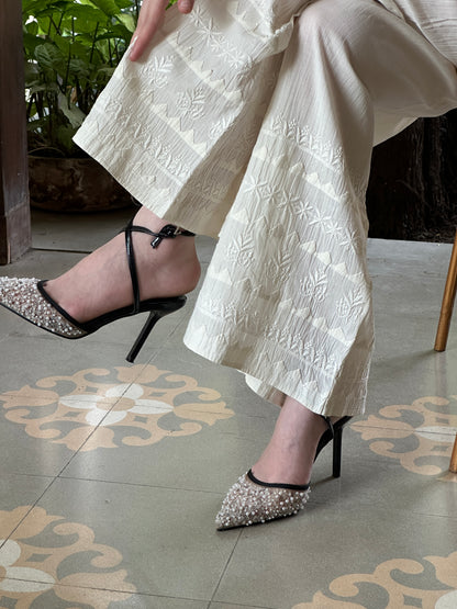 Off White Daraz Cotton Applique Chikankari Palazzo