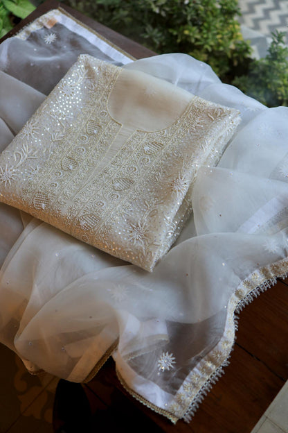 Lemon Shade Noor Banarasi Organza Chikankari Unstitched Fabric