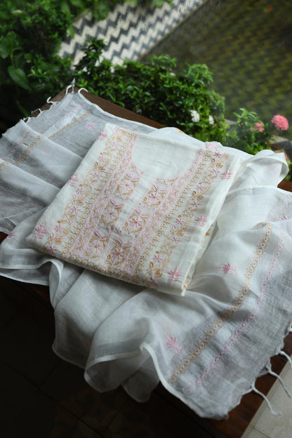 Off White Rasm Silk Chikankari With Ari Work Unstitched Kurta Dupatta Set