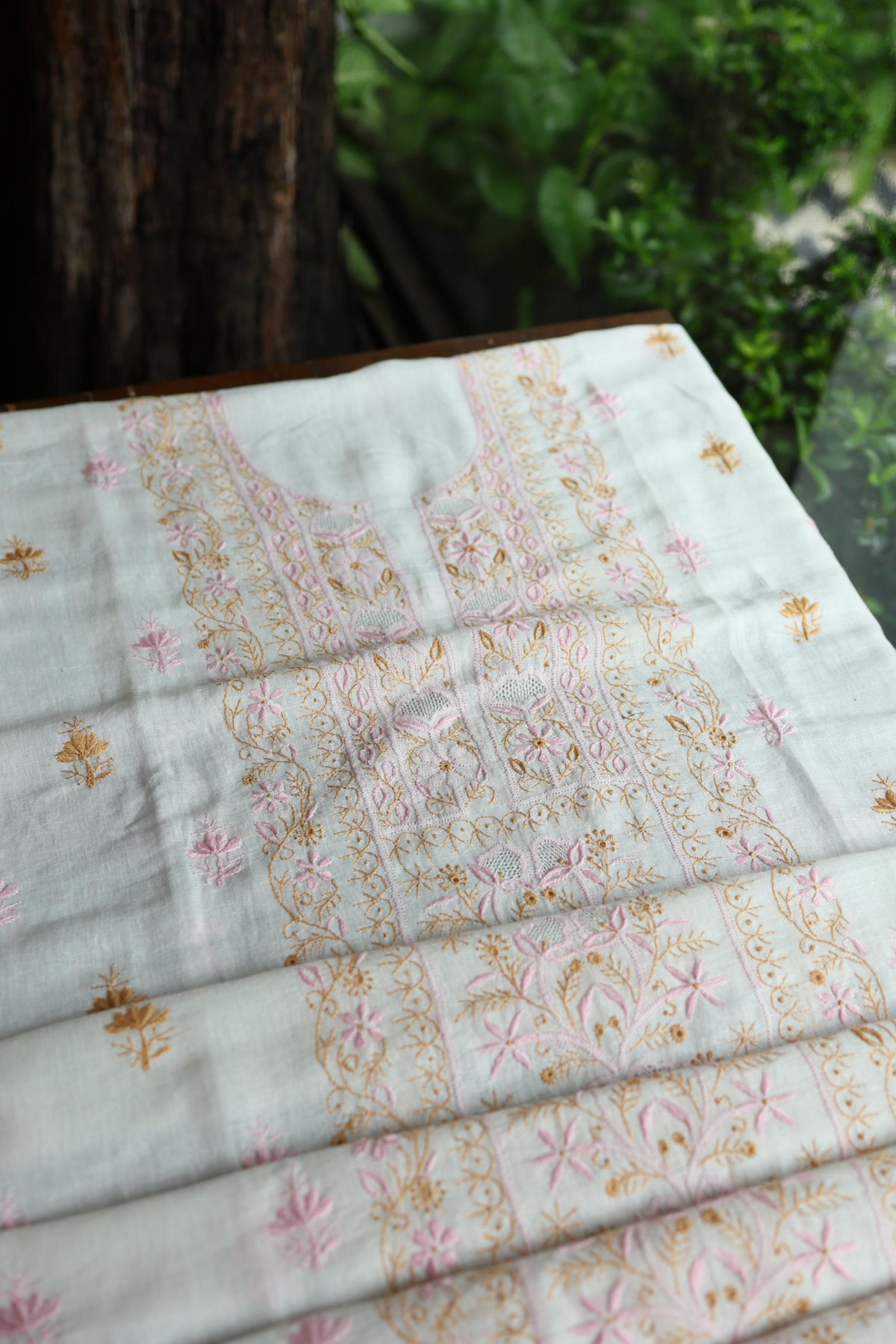 Off White Rasm Silk Chikankari With Ari Work Unstitched Kurta Dupatta Set
