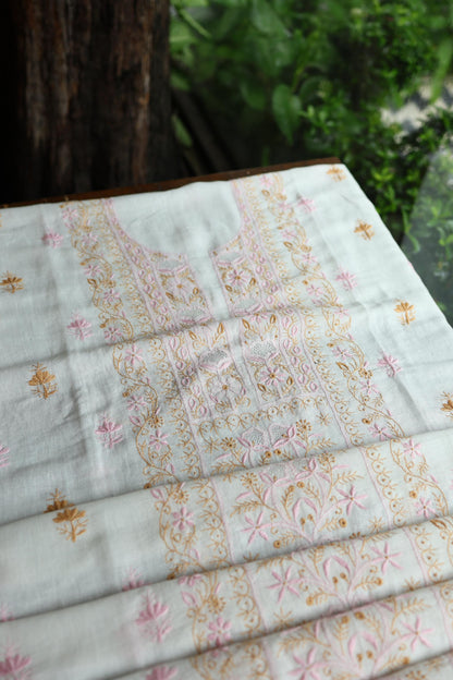 Off White Rasm Silk Chikankari With Ari Work Unstitched Kurta Dupatta Set