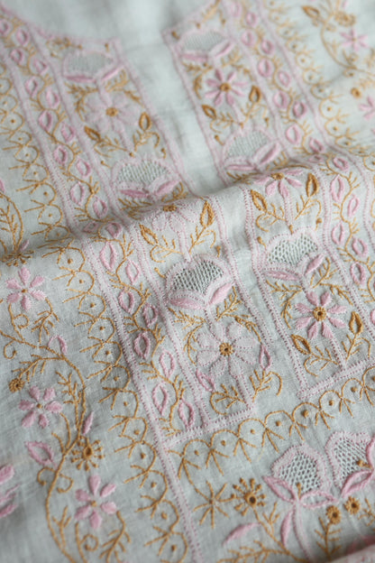 Off White Rasm Silk Chikankari With Ari Work Unstitched Kurta Dupatta Set