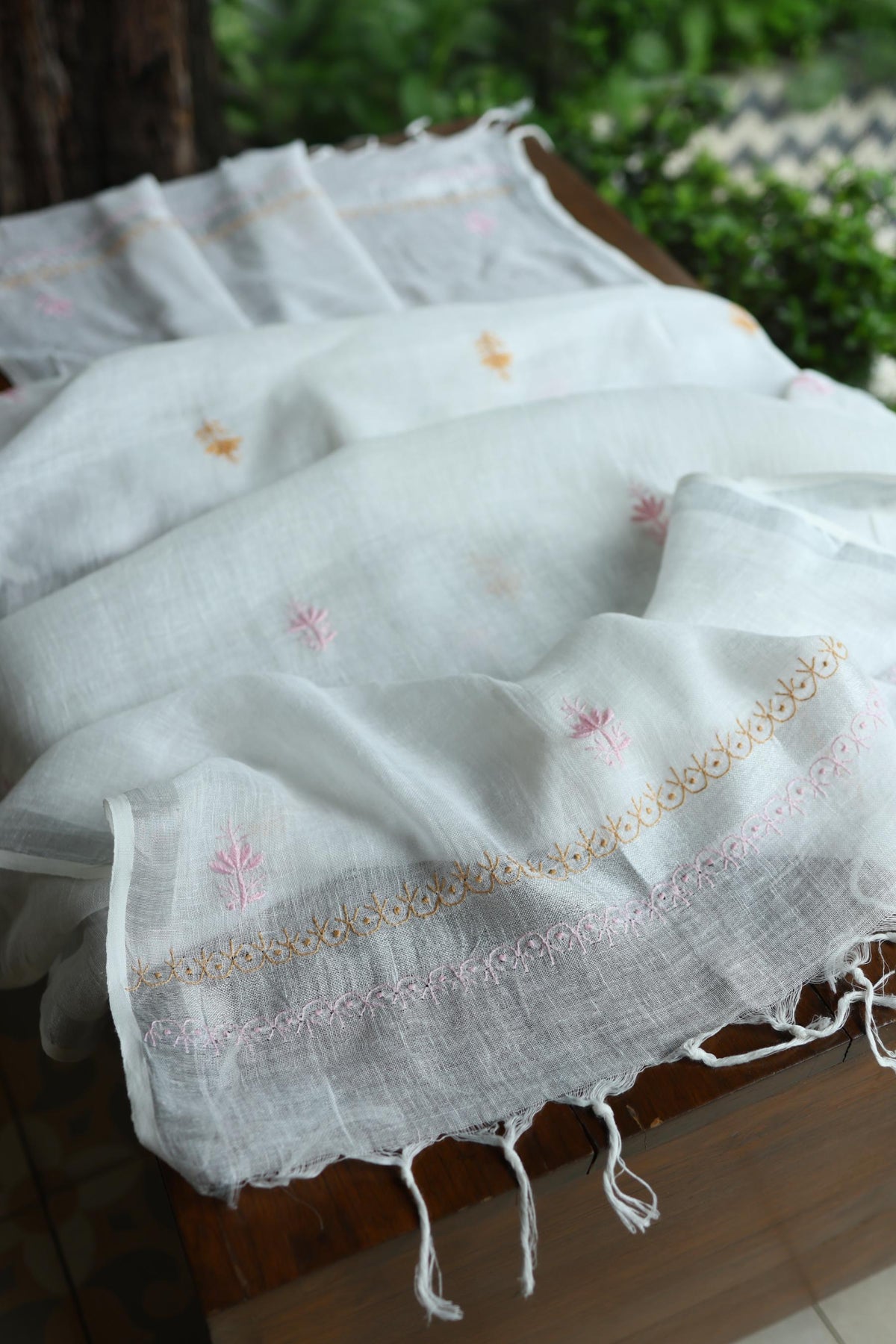 Off White Rasm Silk Chikankari With Ari Work Unstitched Kurta Dupatta Set