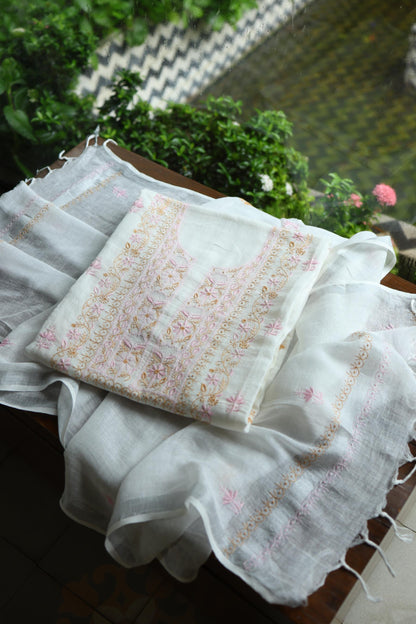 Off White Rasm Silk Chikankari With Ari Work Unstitched Kurta Dupatta Set