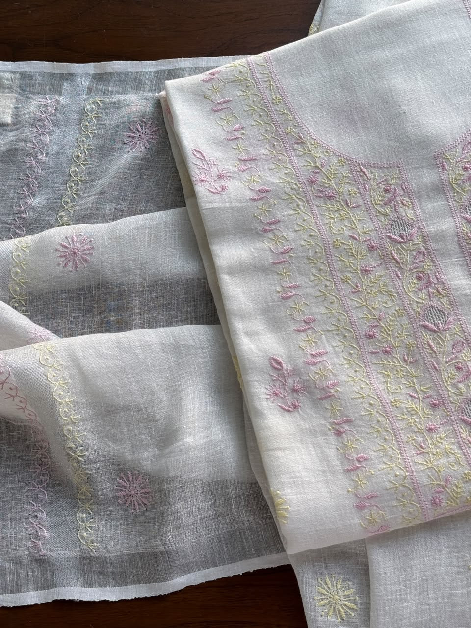 Off White Rasm Silk Chikankari With Ari Work Unstitched Kurta Dupatta Set