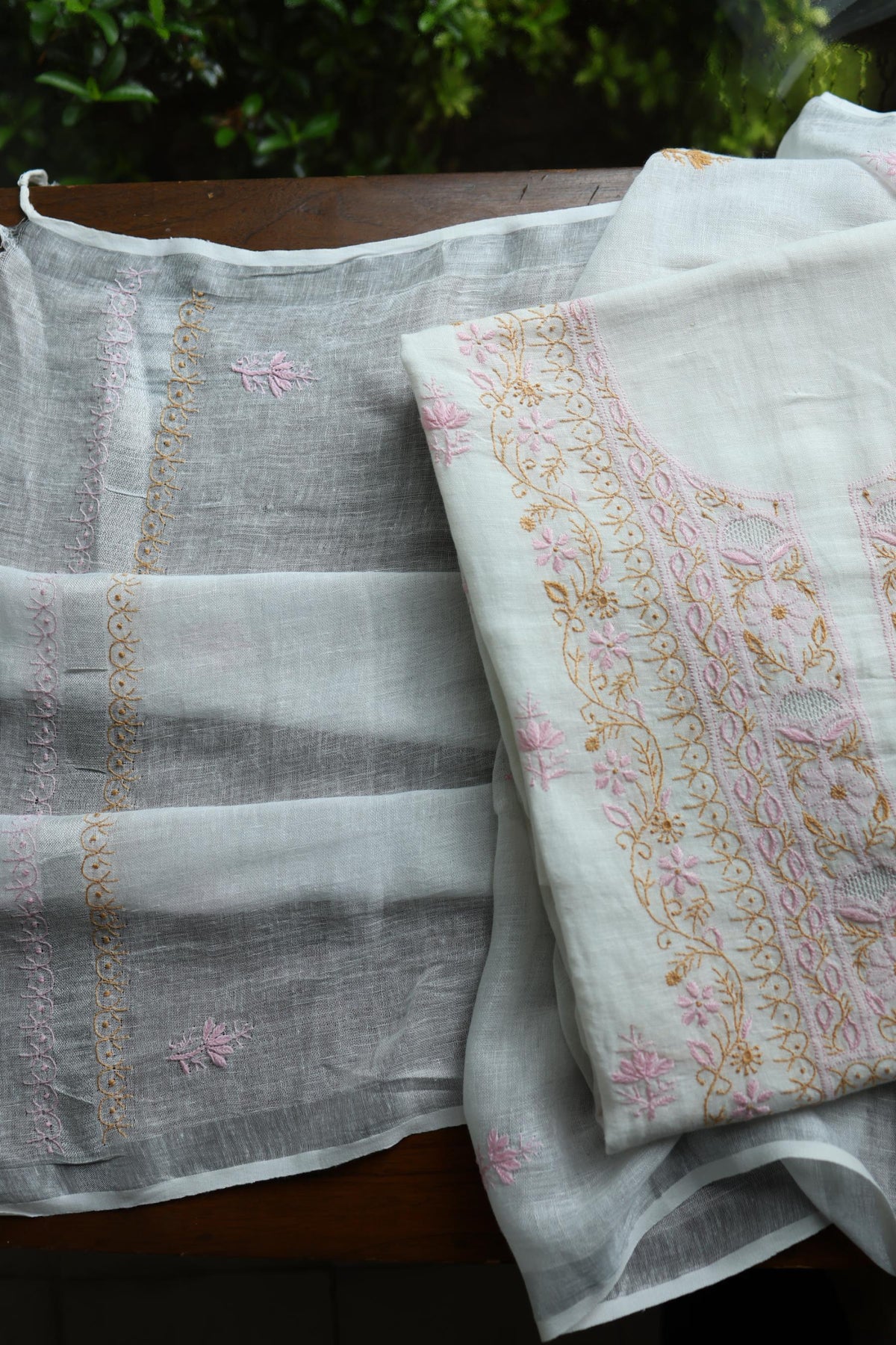 Off White Rasm Silk Chikankari With Ari Work Unstitched Kurta Dupatta Set
