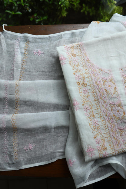 Off White Rasm Silk Chikankari With Ari Work Unstitched Kurta Dupatta Set