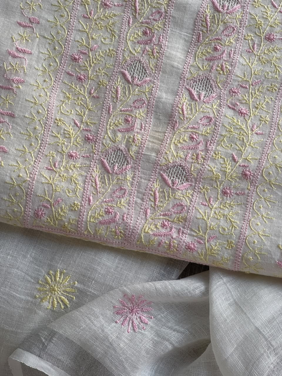 Off White Rasm Silk Chikankari With Ari Work Unstitched Kurta Dupatta Set
