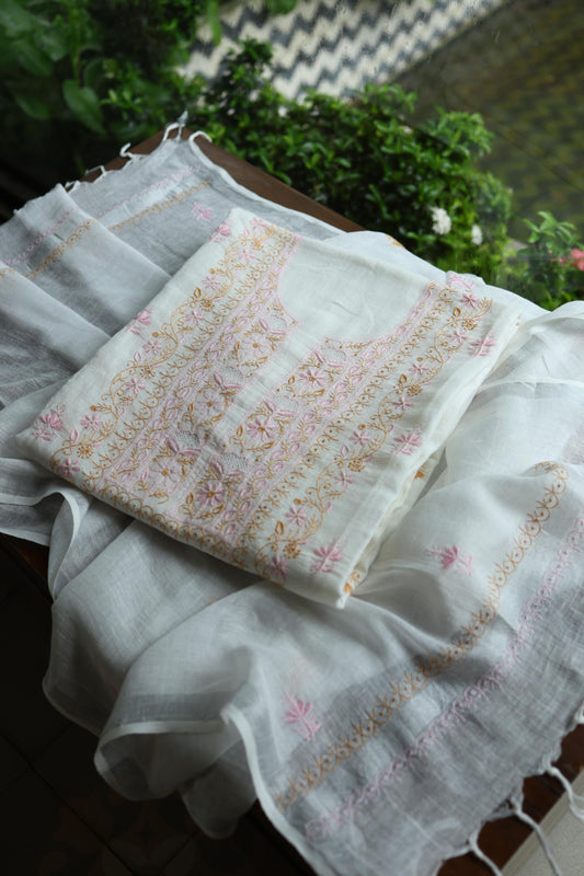 Off White Rasm Silk Chikankari With Ari Work Unstitched Kurta Dupatta Set
