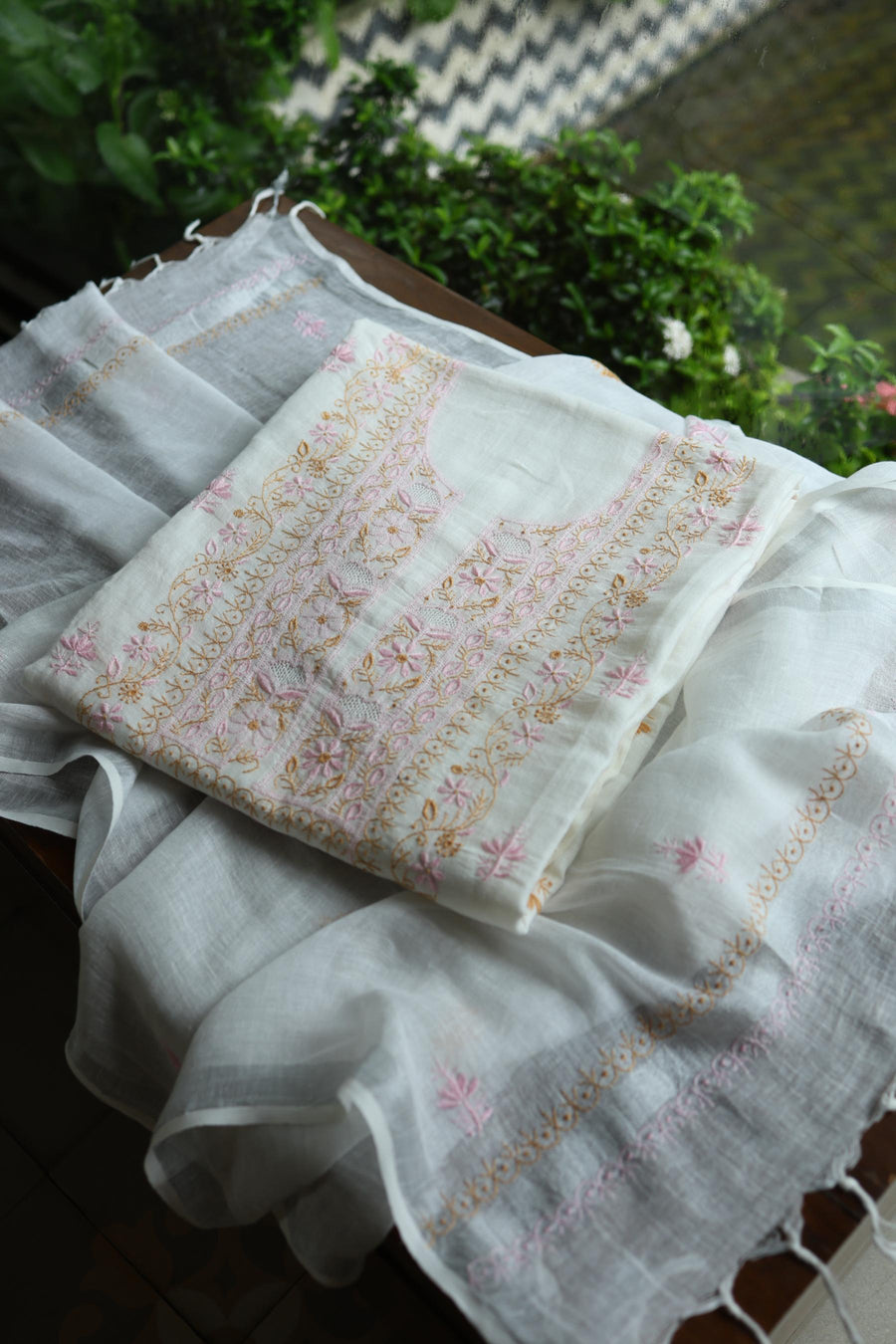 Off White Rasm Silk Chikankari With Ari Work Unstitched Kurta Dupatta Set