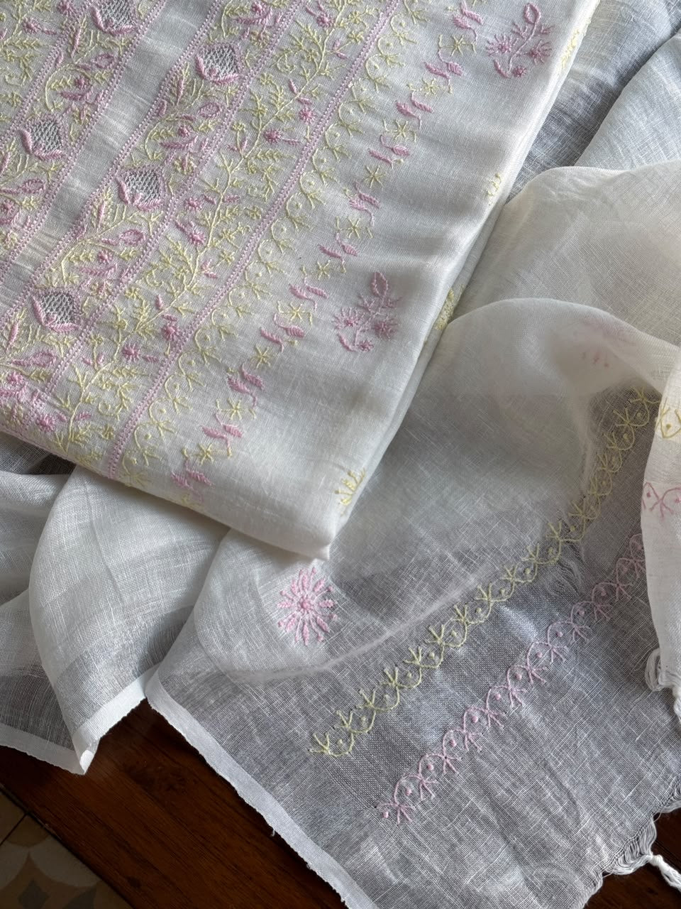 Off White Rasm Silk Chikankari With Ari Work Unstitched Kurta Dupatta Set