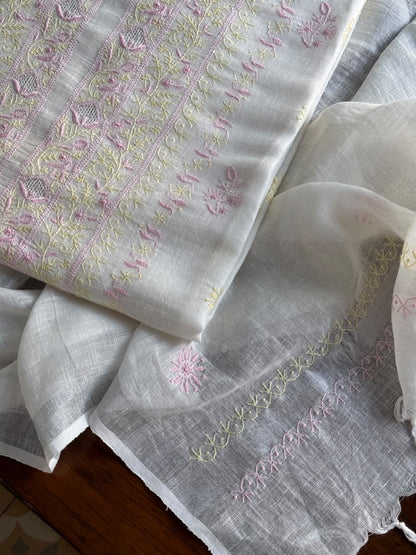 Off White Rasm Silk Chikankari With Ari Work Unstitched Kurta Dupatta Set