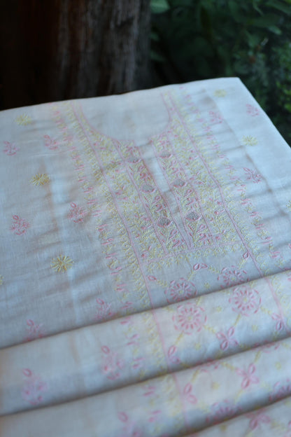 Off White Rasm Silk Chikankari With Ari Work Unstitched Kurta Dupatta Set