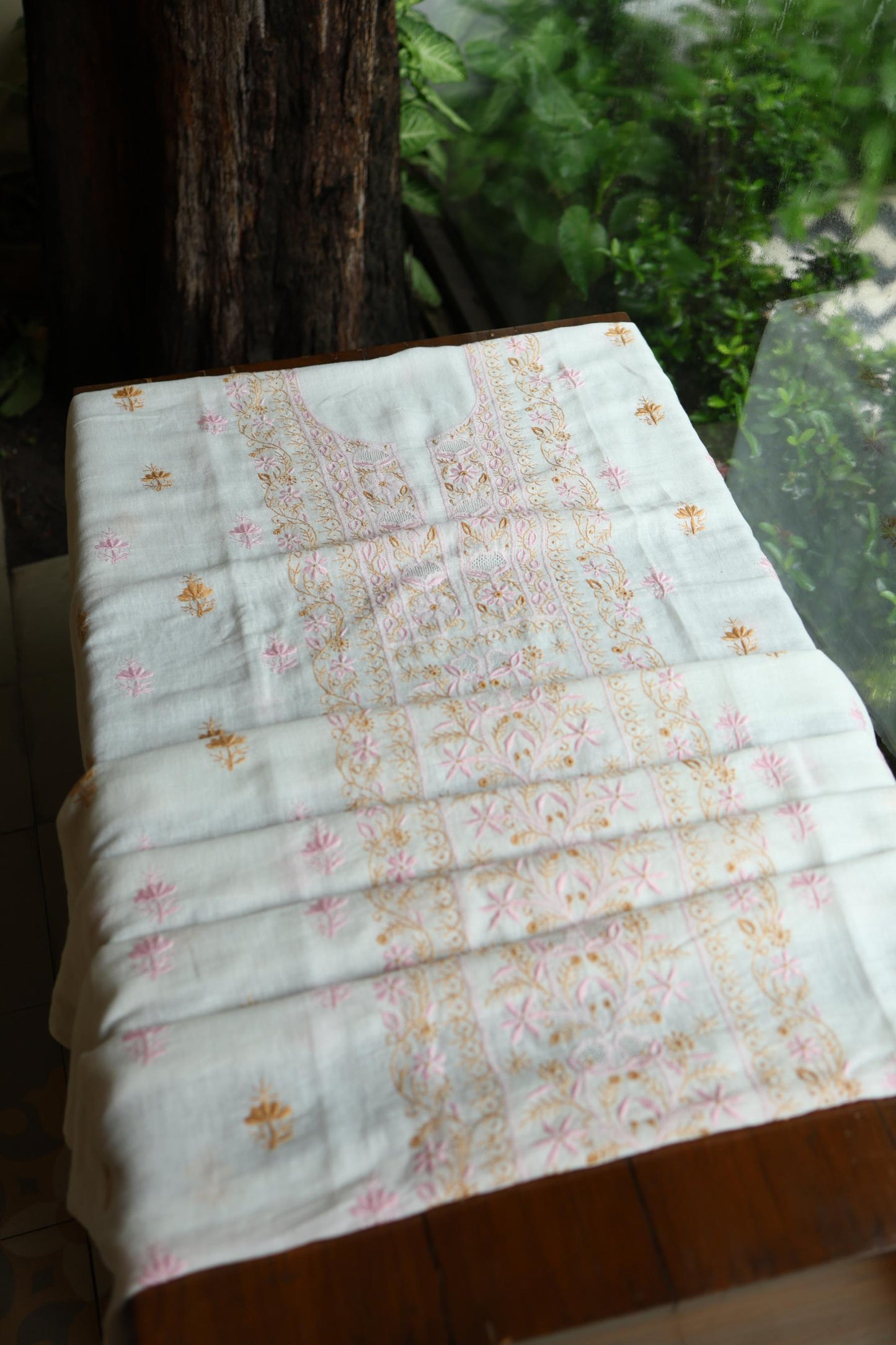 Off White Rasm Silk Chikankari With Ari Work Unstitched Kurta Dupatta Set