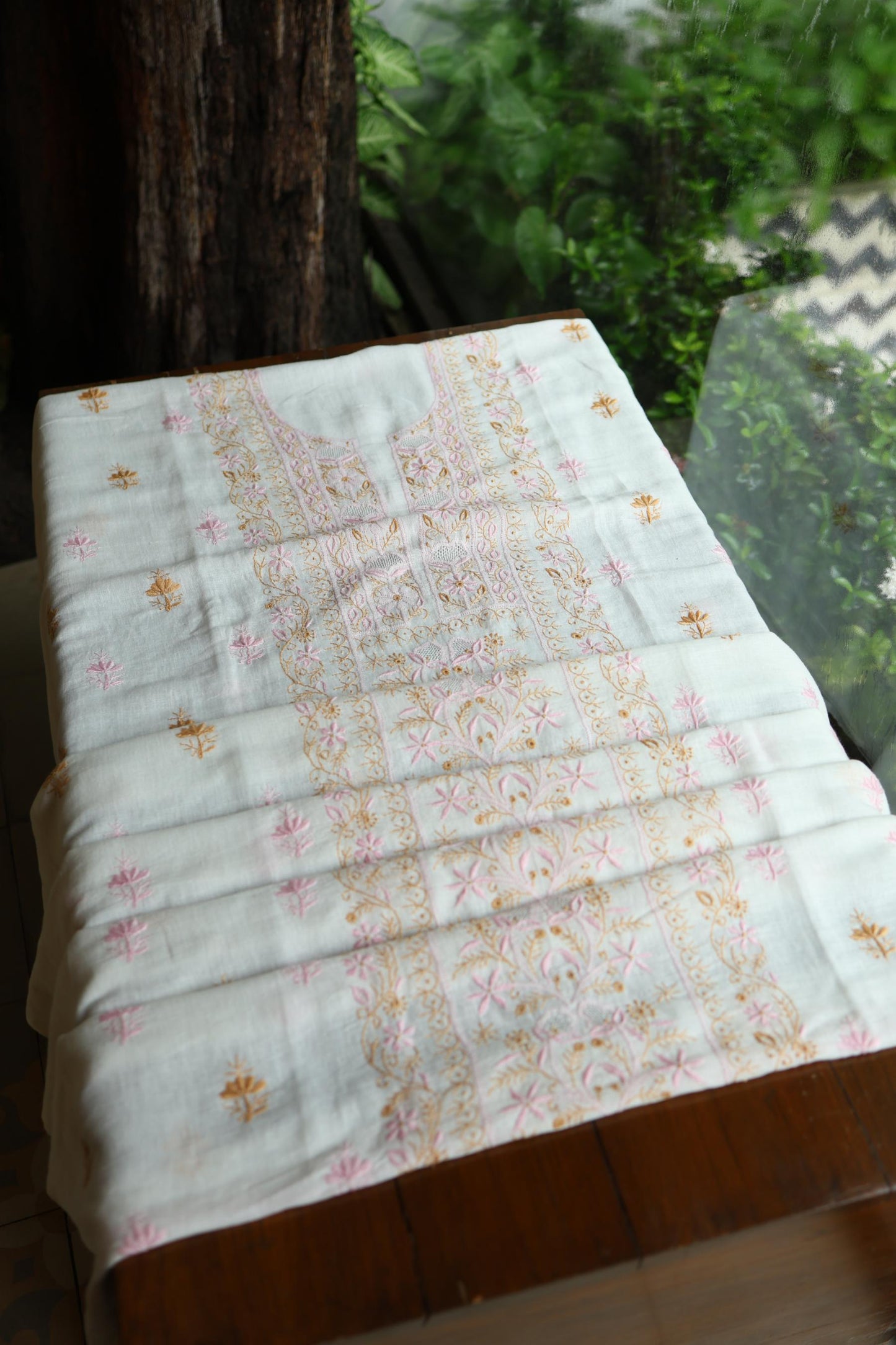 Off White Rasm Silk Chikankari With Ari Work Unstitched Kurta Dupatta Set