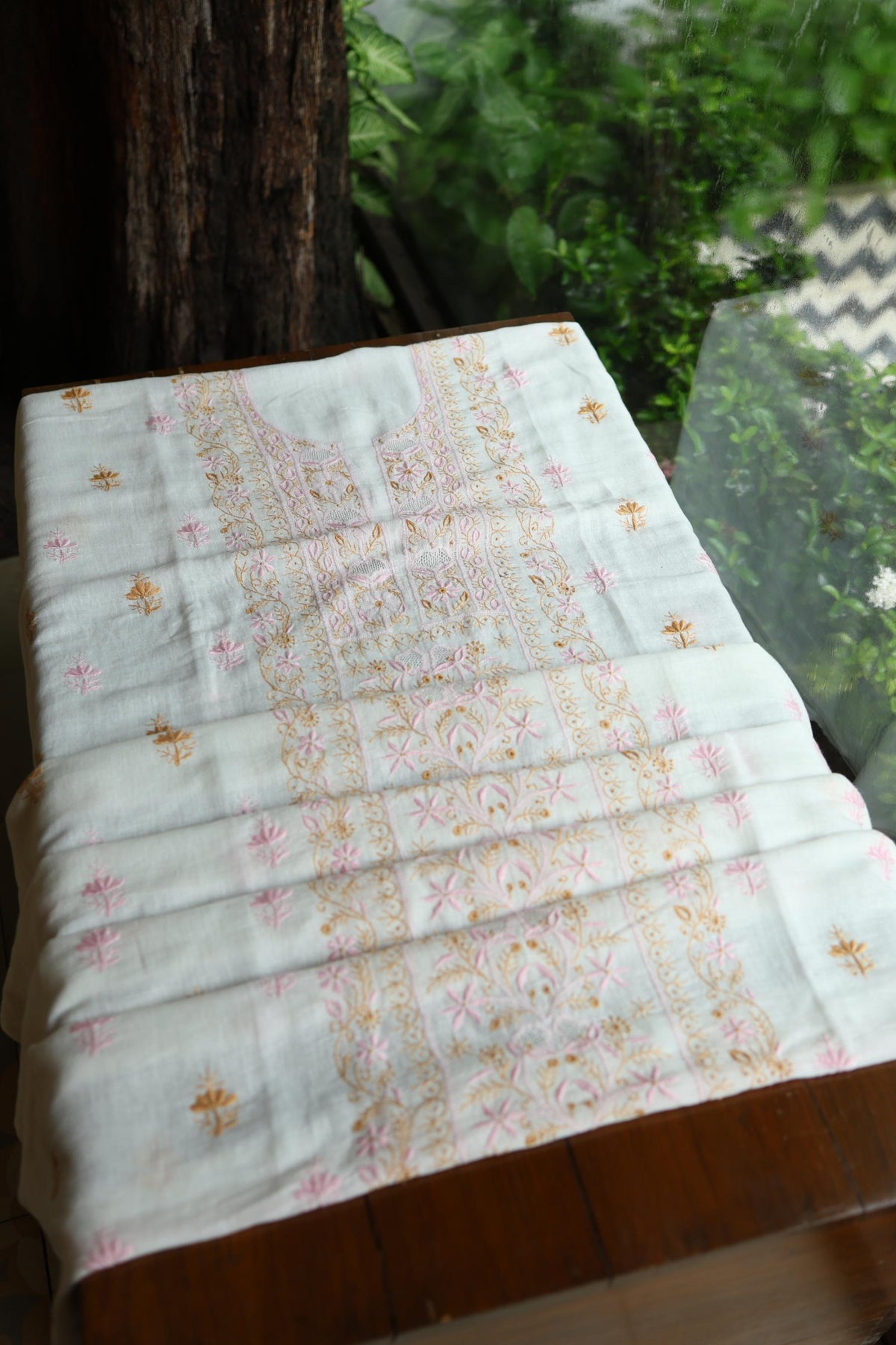 Off White Rasm Silk Chikankari With Ari Work Unstitched Kurta Dupatta Set