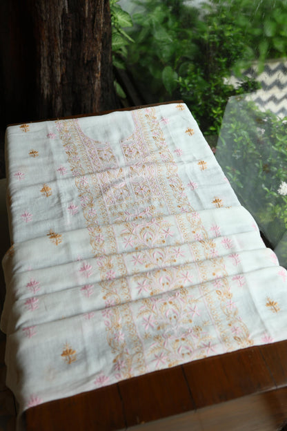 Off White Rasm Silk Chikankari With Ari Work Unstitched Kurta Dupatta Set