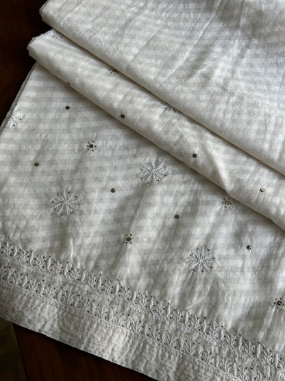 Off White Semi-Stitched Chikankari Jacquard Palazzo with Mukaish Work