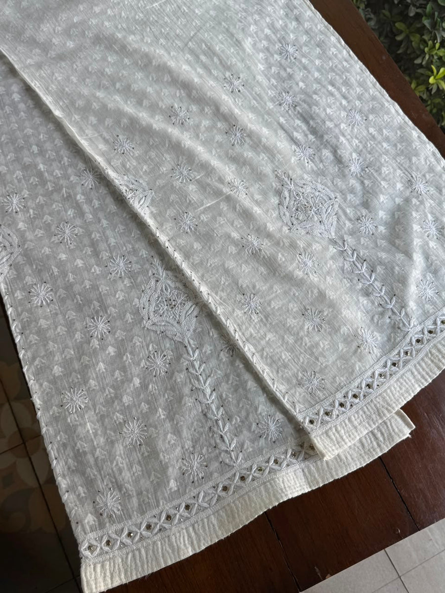 Off White Semi-Stitched Chikankari Jacquard Palazzo with Mukaish Work