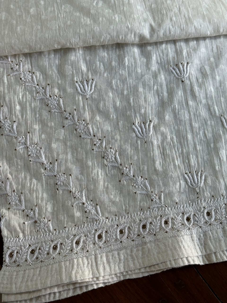 Off White Semi-Stitched Chikankari Jacquard Palazzo with Mukaish Work