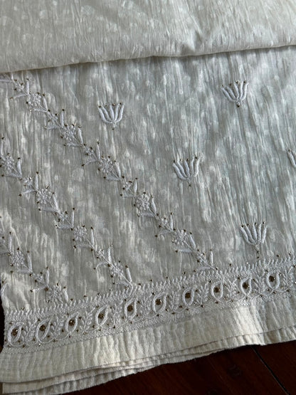 Off White Semi-Stitched Chikankari Jacquard Palazzo with Mukaish Work