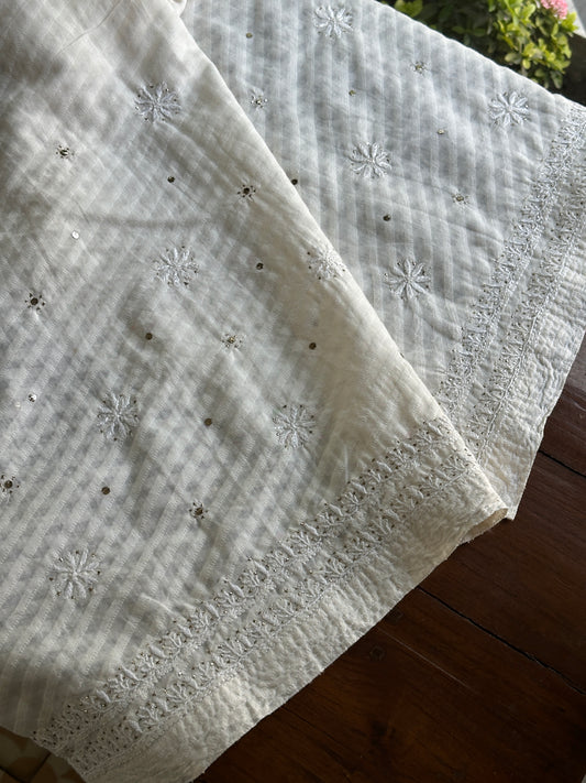 Off White Semi-Stitched Chikankari Jacquard Palazzo with Mukaish Work