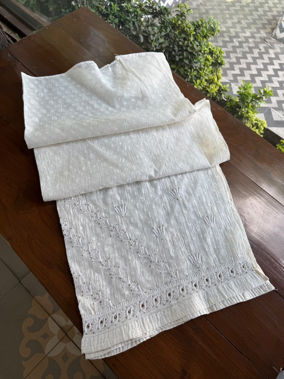 Off White Semi-Stitched Chikankari Jacquard Palazzo with Mukaish Work