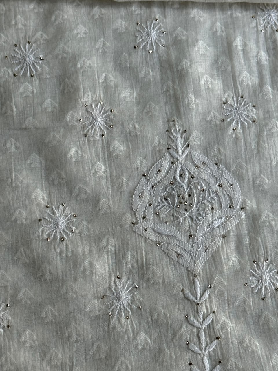 Off White Semi-Stitched Chikankari Jacquard Palazzo with Mukaish Work