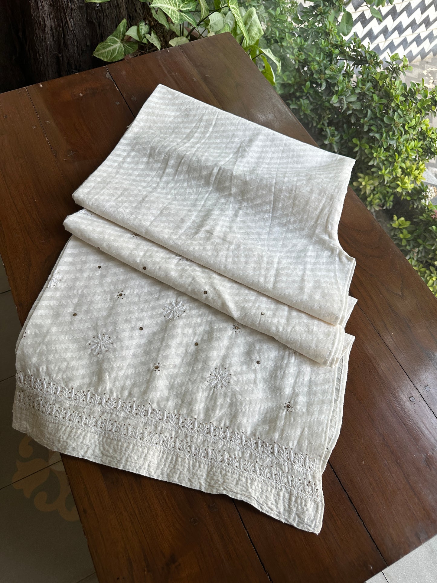 Off White Semi-Stitched Chikankari Jacquard Palazzo with Mukaish Work