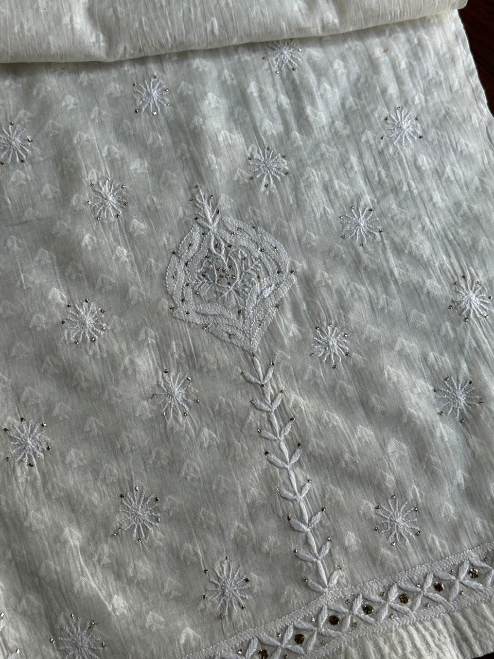 Off White Semi-Stitched Chikankari Jacquard Palazzo with Mukaish Work