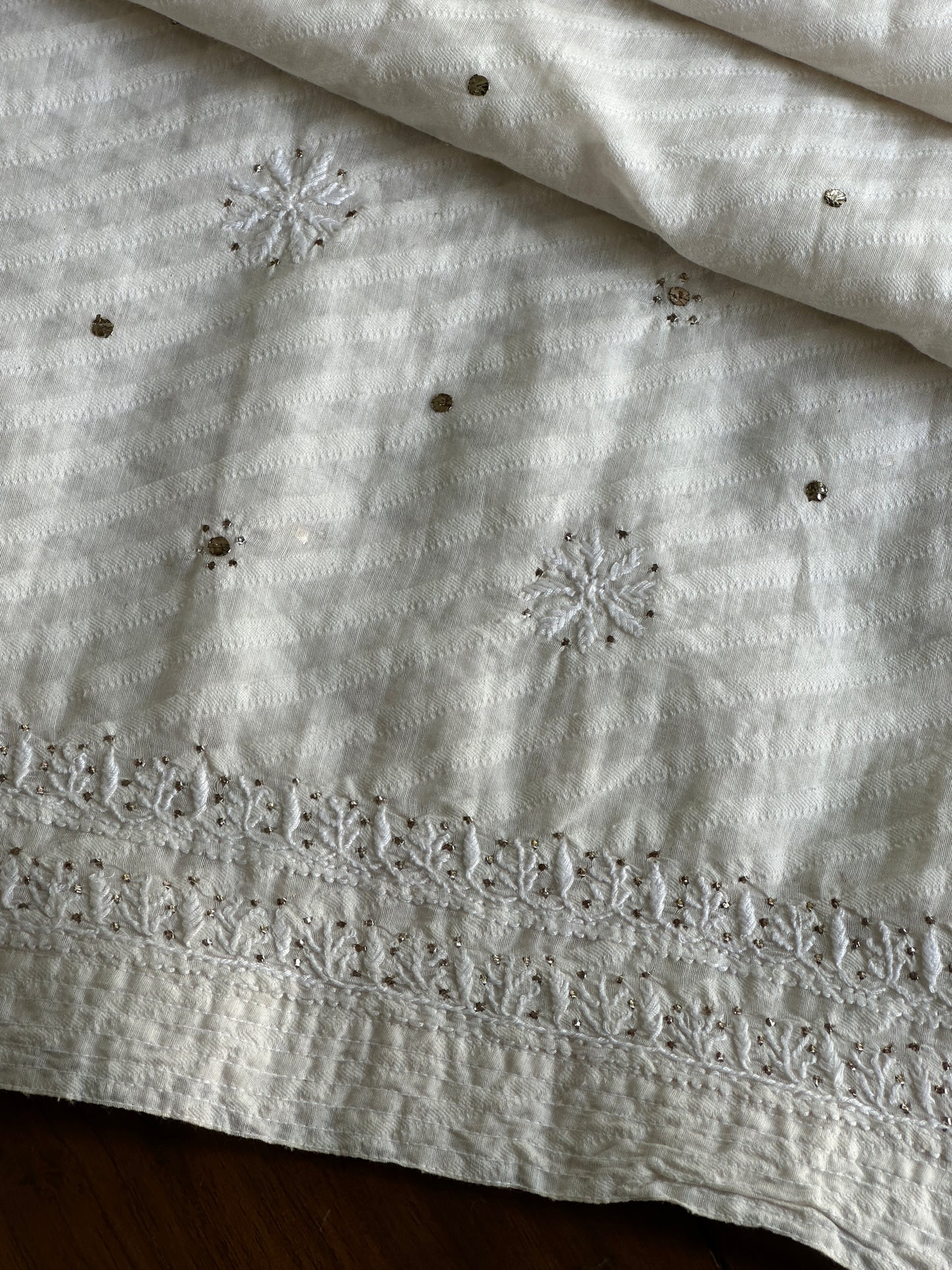 Off White Semi-Stitched Chikankari Jacquard Palazzo with Mukaish Work