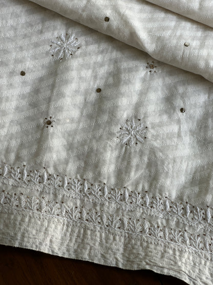 Off White Semi-Stitched Chikankari Jacquard Palazzo with Mukaish Work