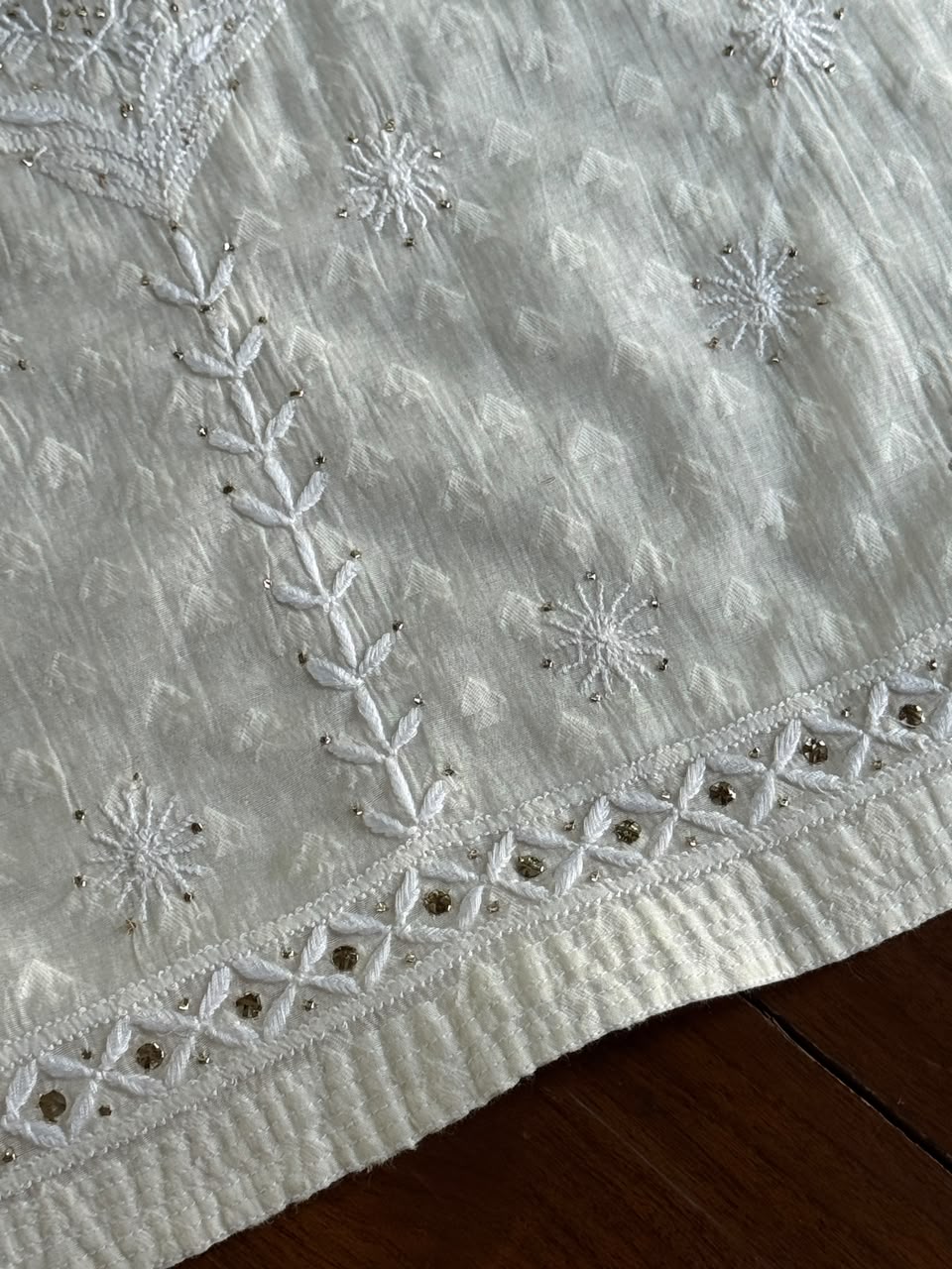 Off White Semi-Stitched Chikankari Jacquard Palazzo with Mukaish Work