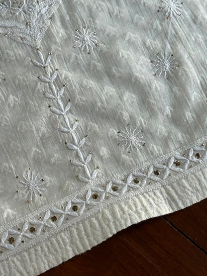 Off White Semi-Stitched Chikankari Jacquard Palazzo with Mukaish Work
