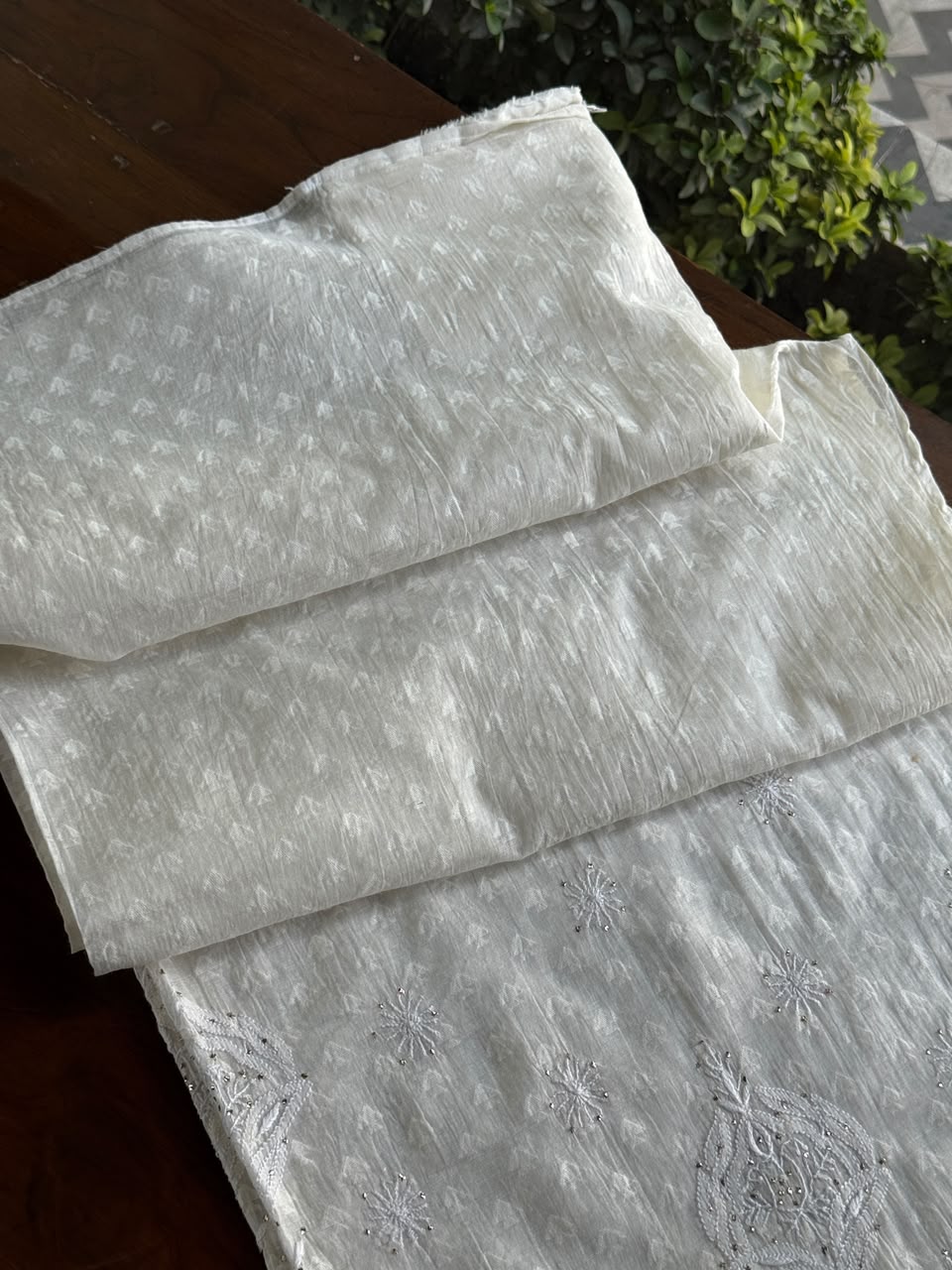 Off White Semi-Stitched Chikankari Jacquard Palazzo with Mukaish Work