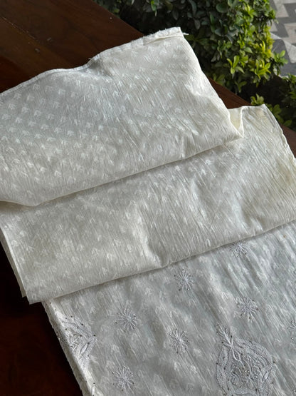 Off White Semi-Stitched Chikankari Jacquard Palazzo with Mukaish Work