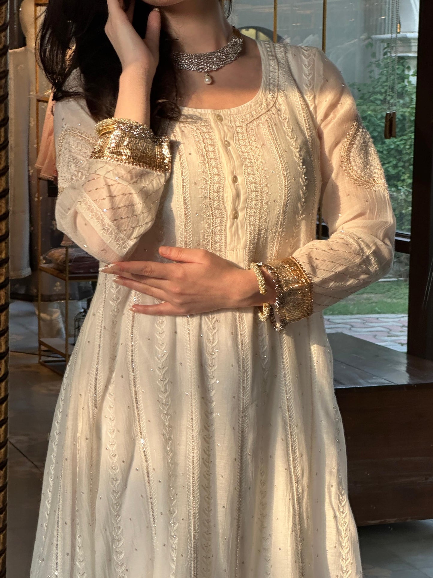 Off White Shade Mulmul Hyderabad Lampi Chikankari Anarkali