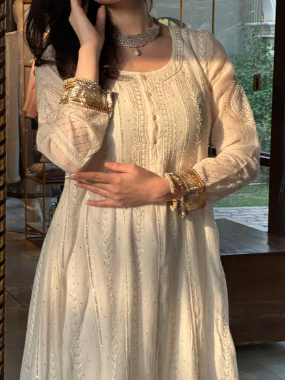 Off White Shade Mulmul Hyderabad Lampi Chikankari Anarkali