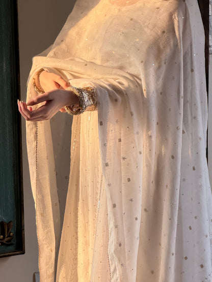 Off White Shade Mulmul Hyderabad Lampi Chikankari Anarkali